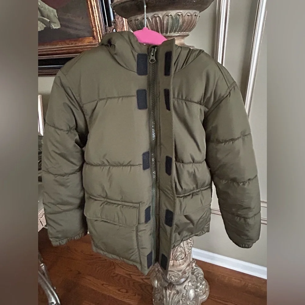 Old Navy Olive Green Hooded Puffer Jacket Girls Size S 6-7